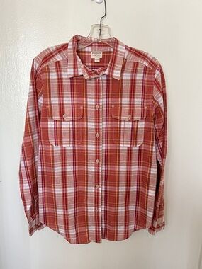 Filson Conway Plaid Shirt Womens large clay White Long Sleeve Button Up linen